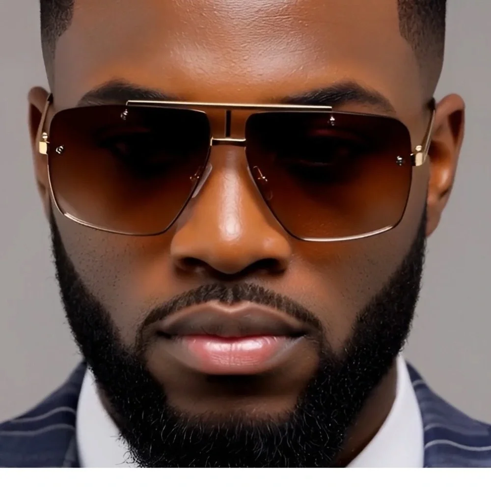 Men's Oversized Square Rimless Sunglasses Gold Double Bridge Gradient Brown Lens